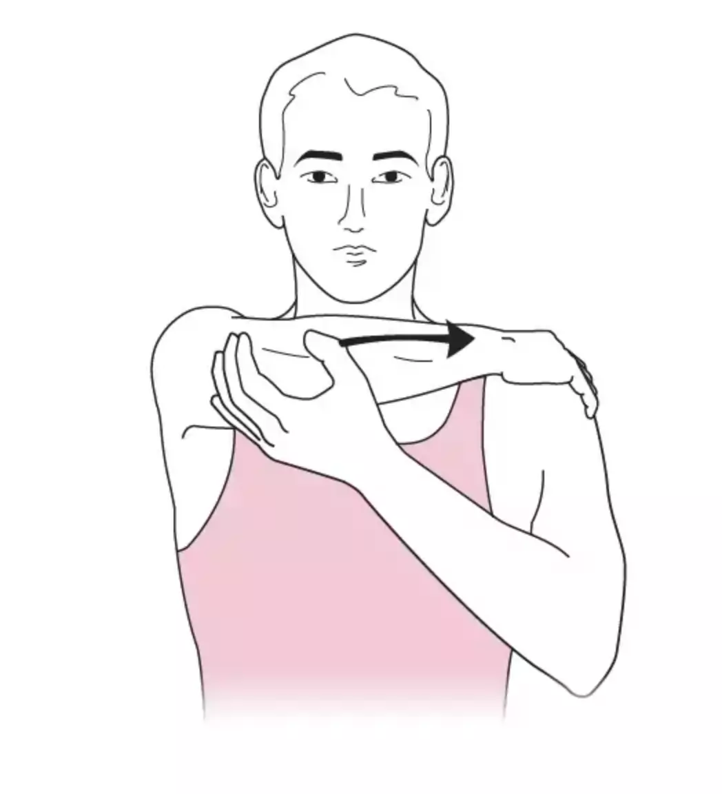 Internal rotation stretch: sitting or standing, place the hand of the affected arm on the healthy shoulder, with the arm crossed over the chest. Hold for 3 seconds. Repeat 5 times.