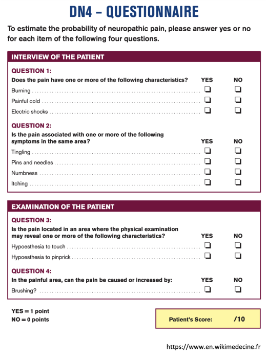 Questionnaire DN4 for neuropathic pain